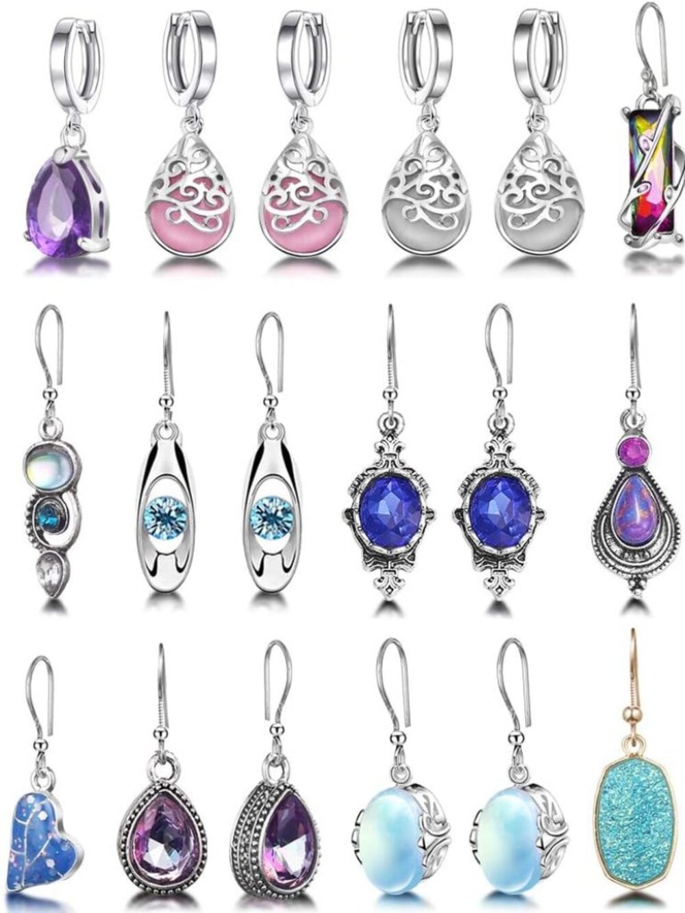 12 Pairs Teardrop Druse Crystal Drop Dangle Earrings for Women Cubic Zirconia Hu